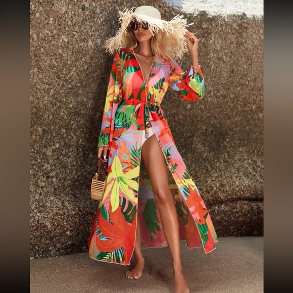 Swim Vcay Tropical Print Belted Kimono - Picture 4 of 5